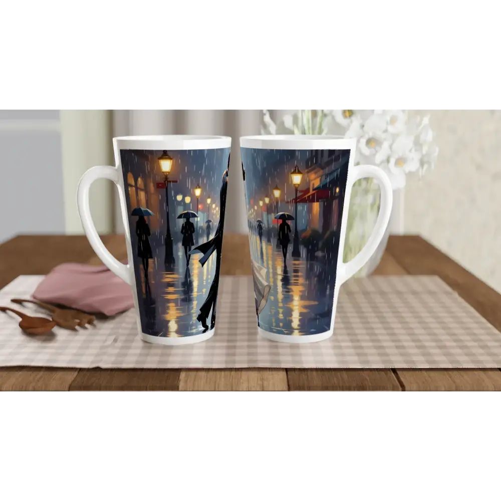 Two tall mugs featuring an urban rainy street scene from the Latte Mug Waltz in the Rain collection