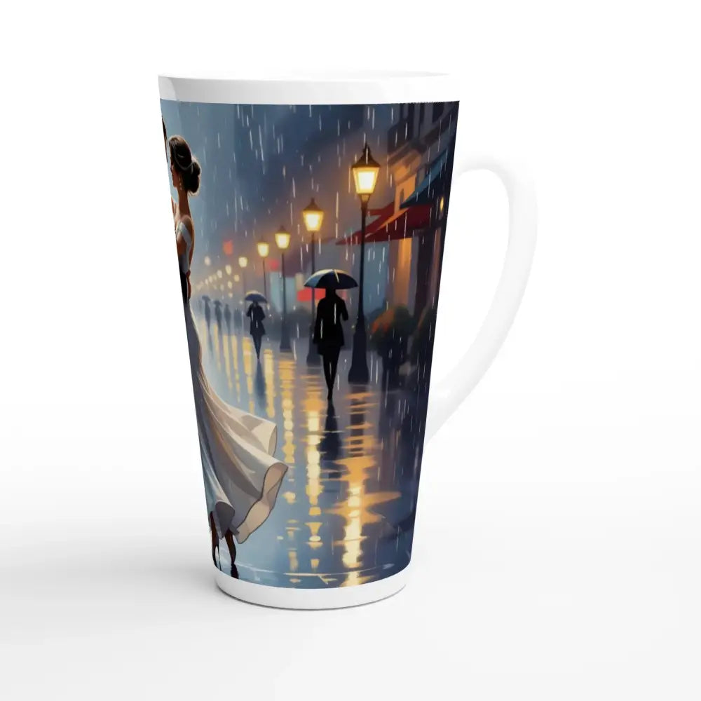 Latte Mug Waltz in the Rain showing rainy street scene urban elegance PixiOnyx