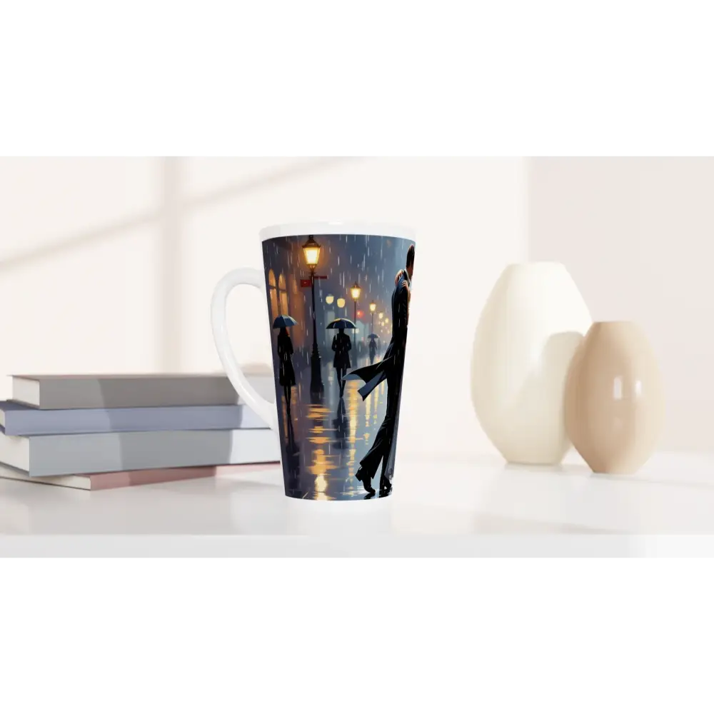 Latte mug featuring a rainy street scene from Waltz in the Rain collection by PixiOnyx