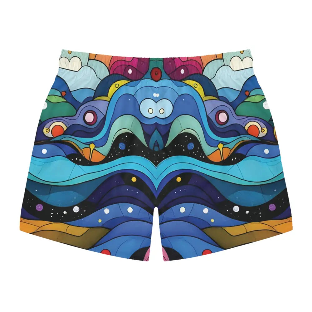 Abstract patterned swim trunks for men from PixiOnyx Summerwear Layered Spectrum collection