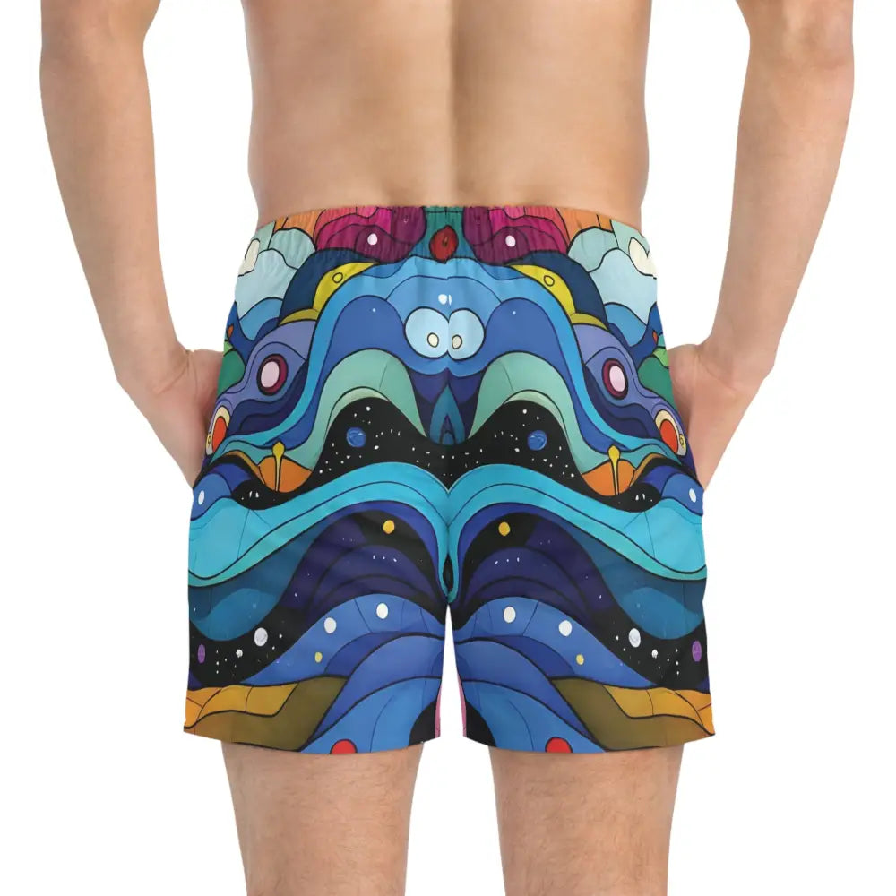 Colorful patterned layered spectrum swim trunks for men’s beachwear in abstract psychedelic style