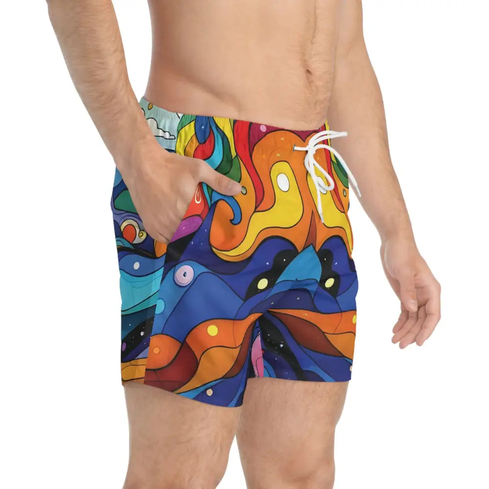 Colorful patterned Layered Spectrum Swim Trunks for Men by PixiOnyx Summerwear