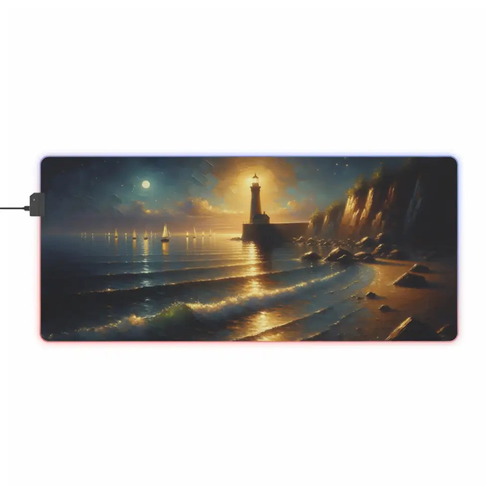 Illuminated lighthouse beach mousepad with LED glow for gaming and desktop decor