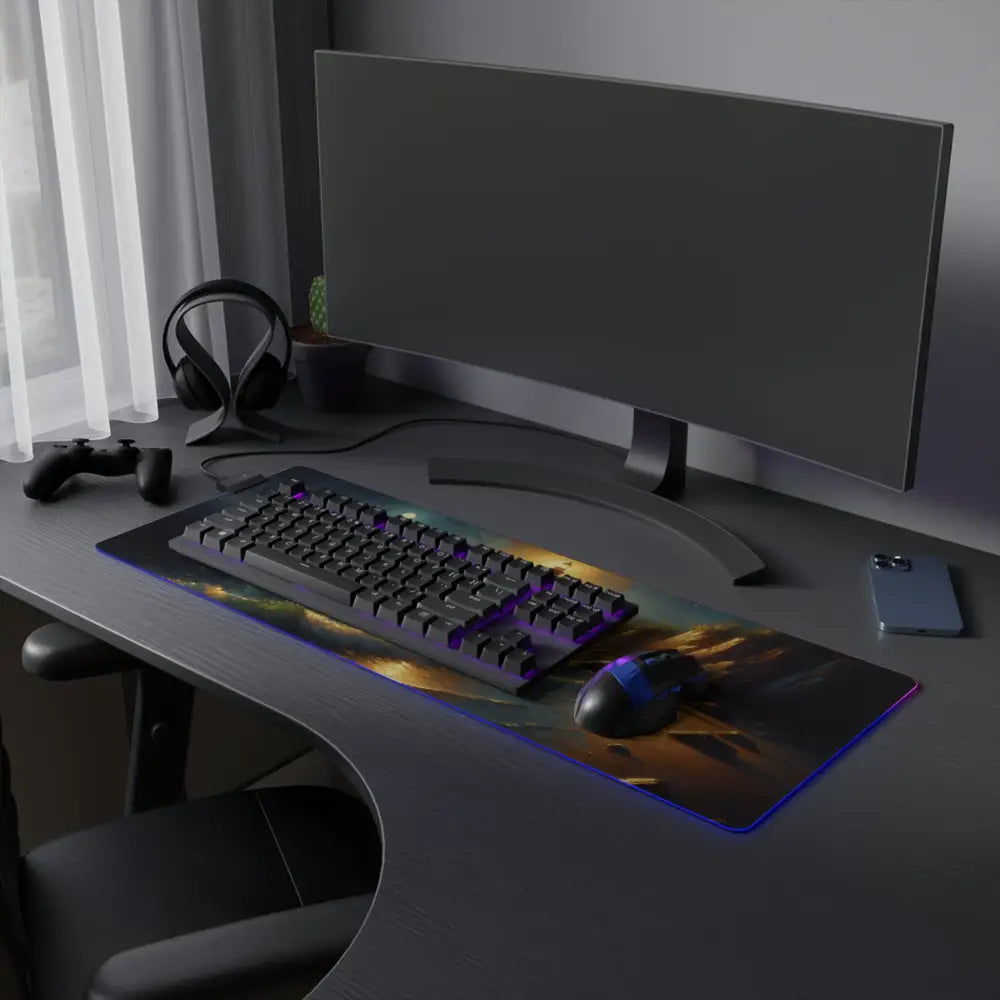 LED Gaming Mouse Pad Beacon of the Quiet Tide enhances a gaming setup with a curved monitor