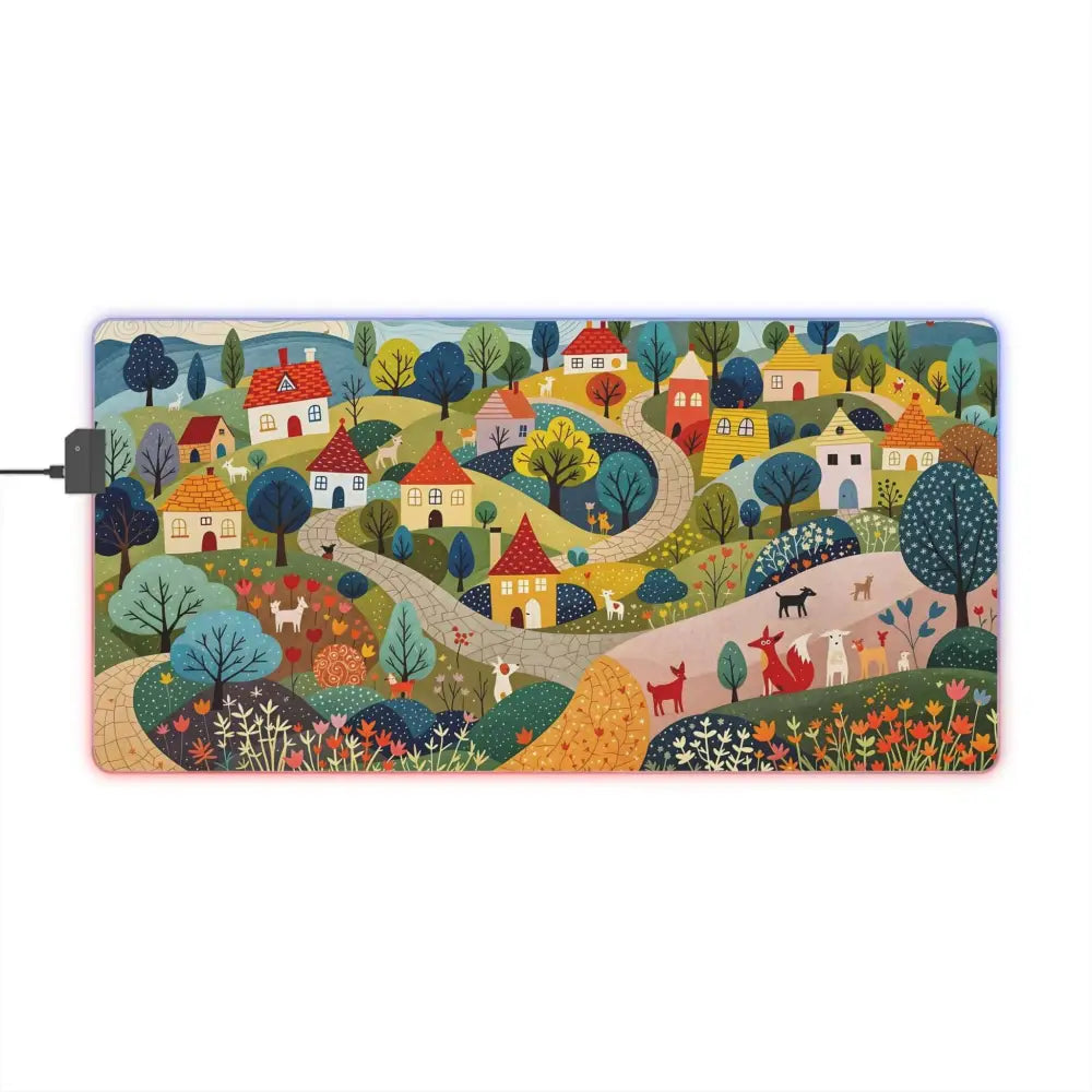 LED Gaming Mouse Pad Hillside Harmony featuring a vibrant village scene with houses and animals