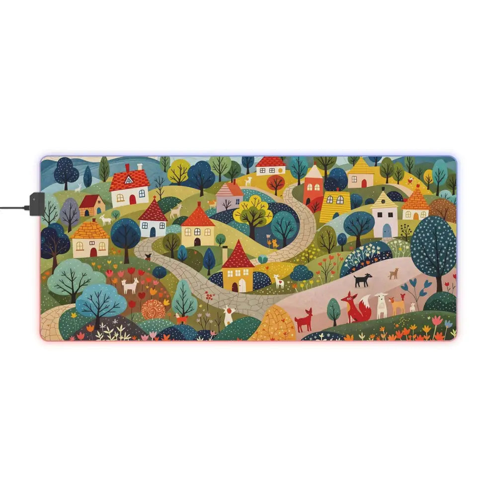 RGB gaming mouse pad with whimsical village and animal design from Hillside Harmony by Honson Ventures Limited