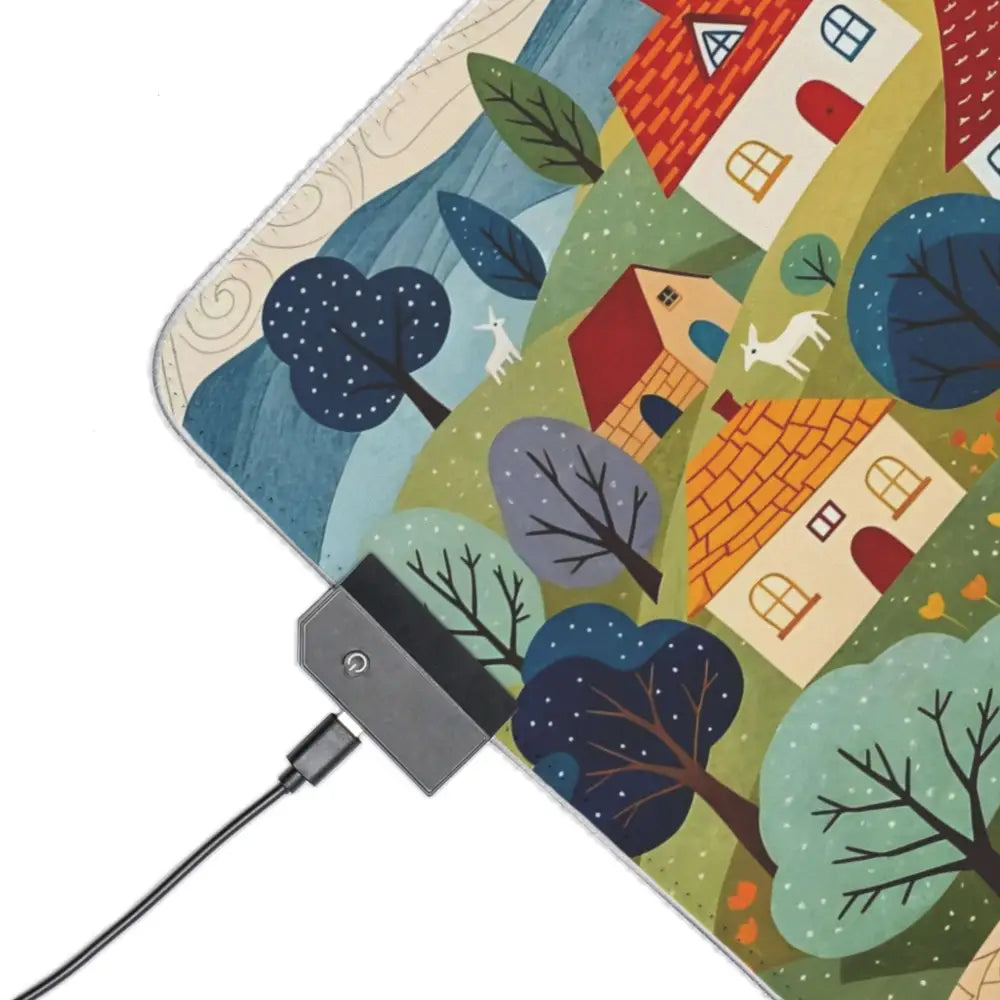 Hillside Harmony heating pad with colorful village design, power cord, by Honson Ventures Limited