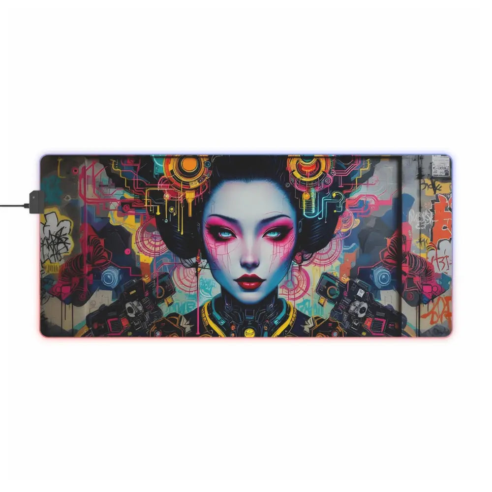 Rectangular LED gaming mouse pad featuring cyberpunk geisha design for precision gaming