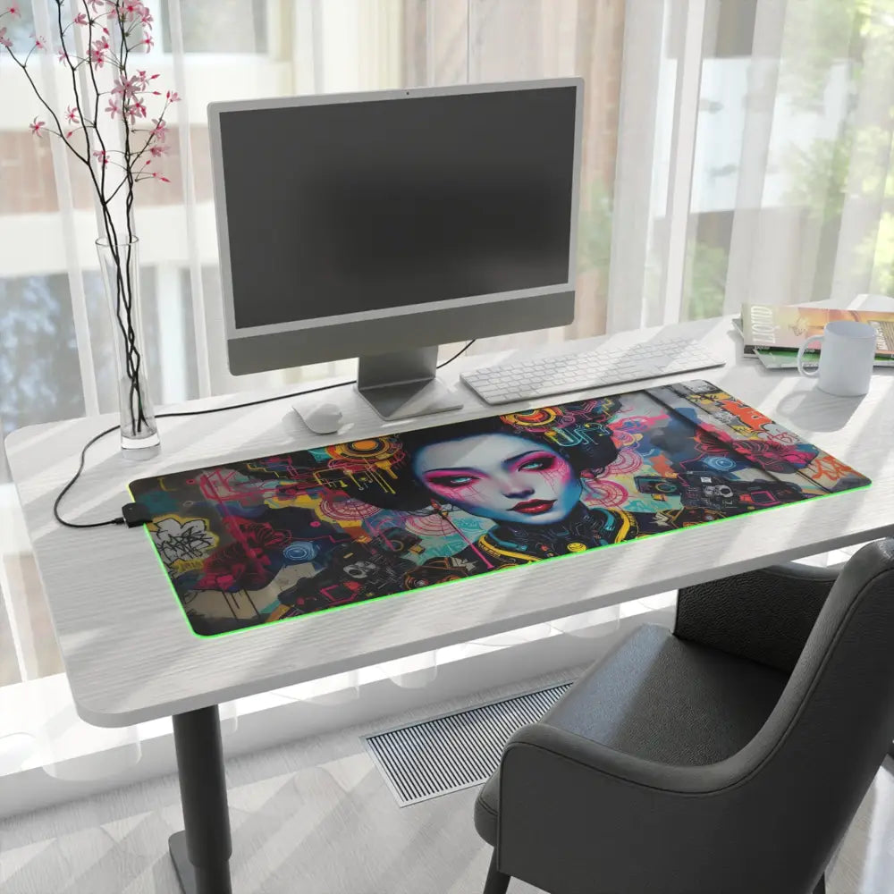 Colorful Geisha-themed LED Gaming Mouse Pad with intricate design and vibrant illumination
