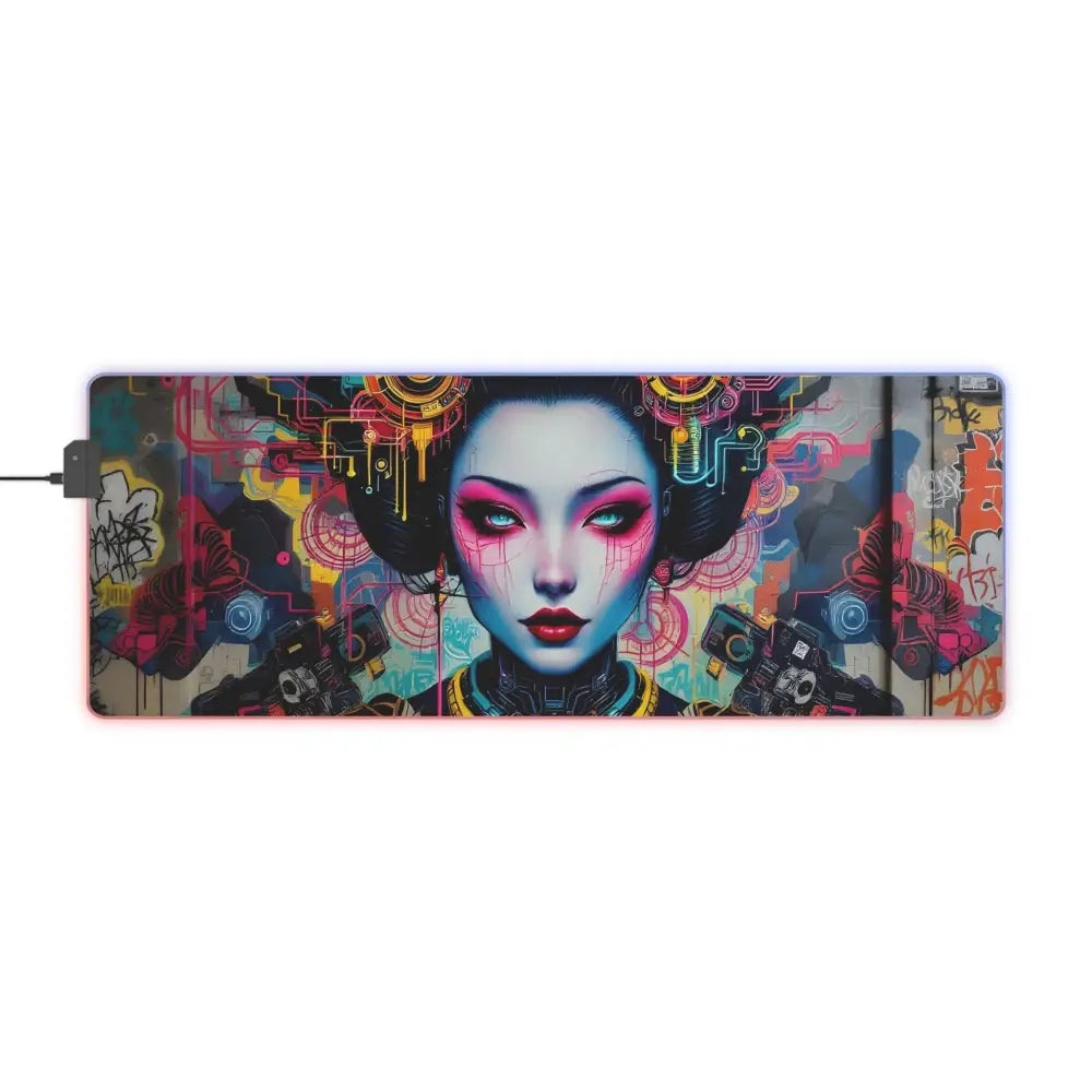 Illuminated cyberpunk geisha gaming mousepad featuring LED lights and urban circuit design