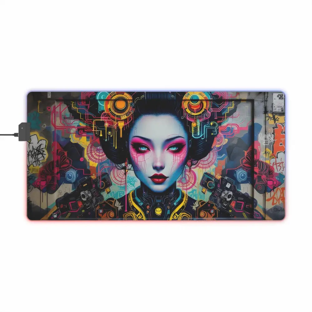 Cyberpunk Geisha LED Gaming Mouse Pad featuring Mech Shrine Design for Precision Gaming