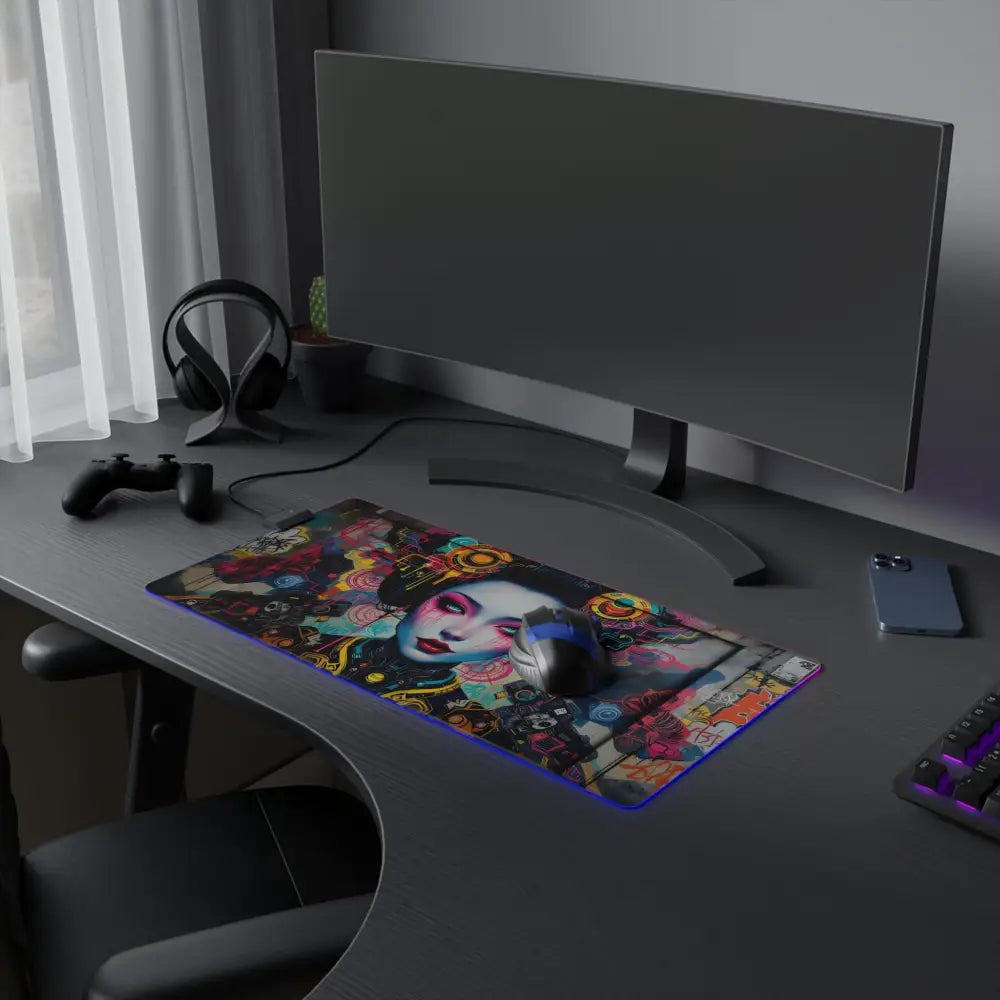Colorful LED gaming mouse pad featuring a woman’s face design from PixiOnyx Urban Circuit