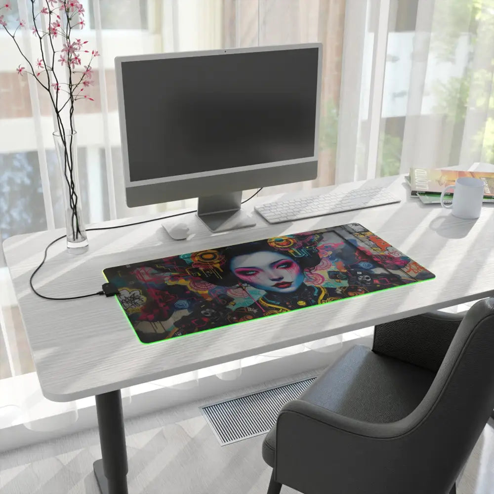 Illuminated Geisha-themed LED Gaming Mouse Pad with Mech Shrine Design