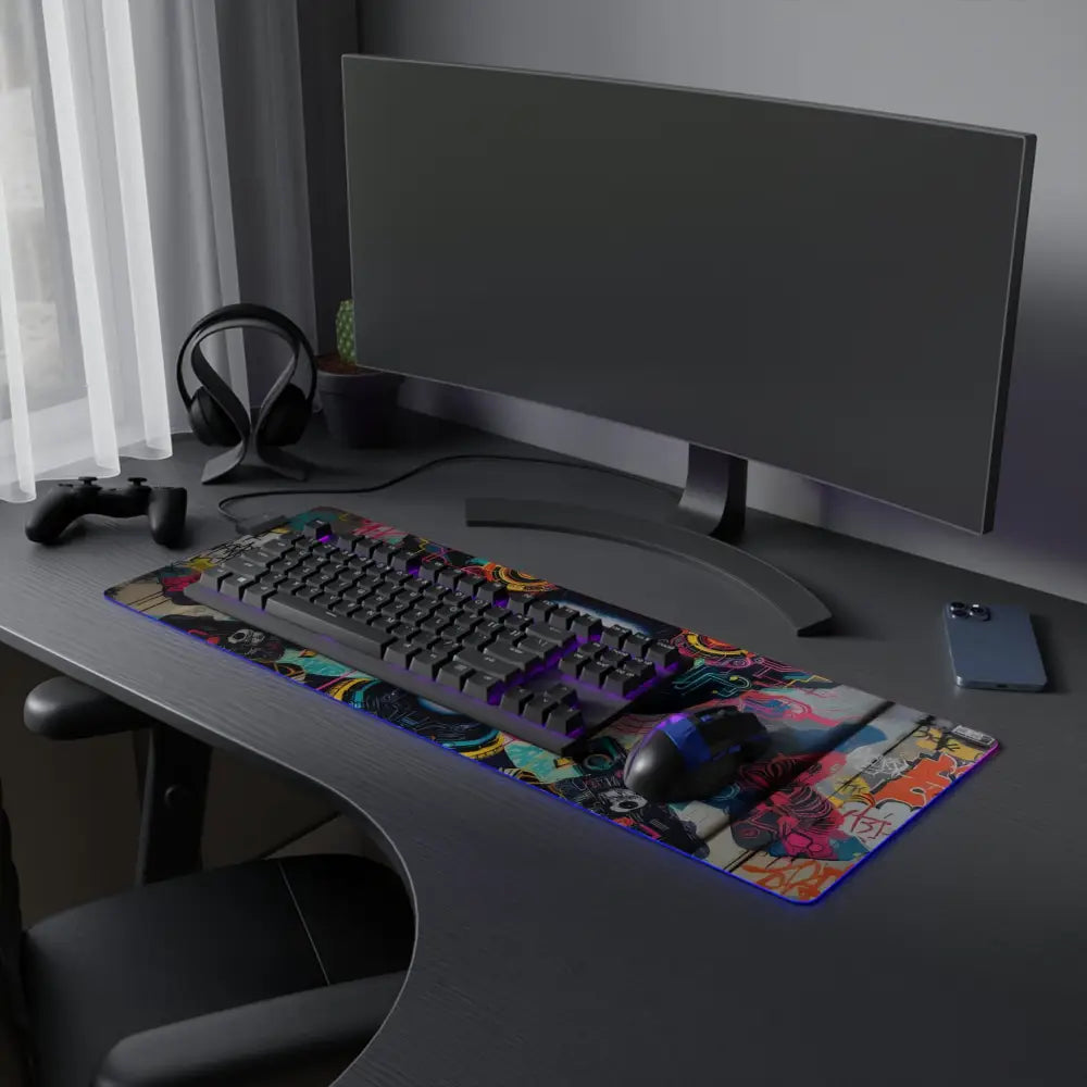 LED Gaming Mouse Pad Mech Shrine Geisha with gaming keyboard, mouse, and monitor setup