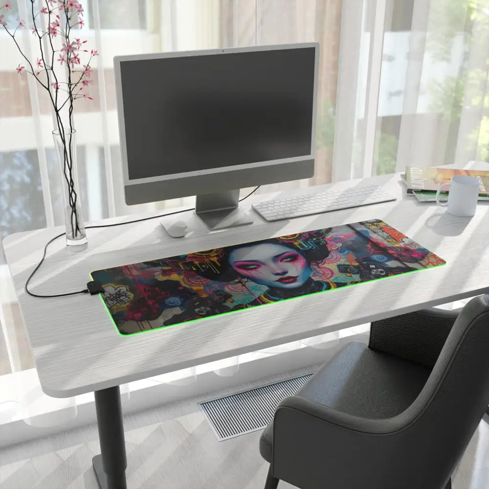 Illuminated artistic mousepad featuring Mech Shrine Geisha design for gaming and precision work