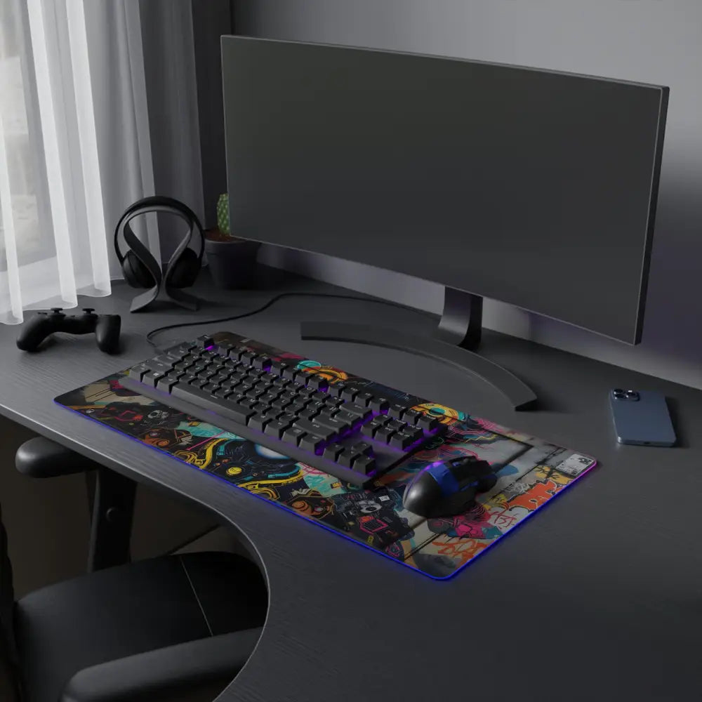 LED Gaming Mouse Pad with keyboard, mouse, and monitor for gaming setup by PixiOnyx