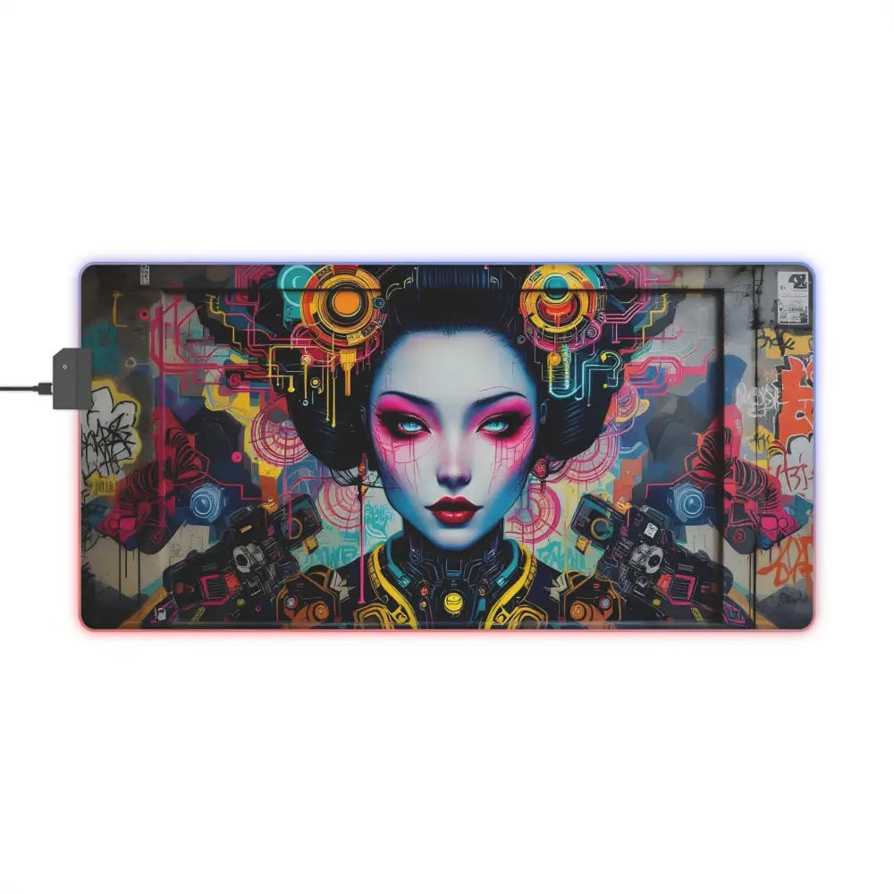Illuminated gaming mousepad with cyberpunk Geisha art from Mech Shrine Geisha LED PixiOnyx Urban Circuit
