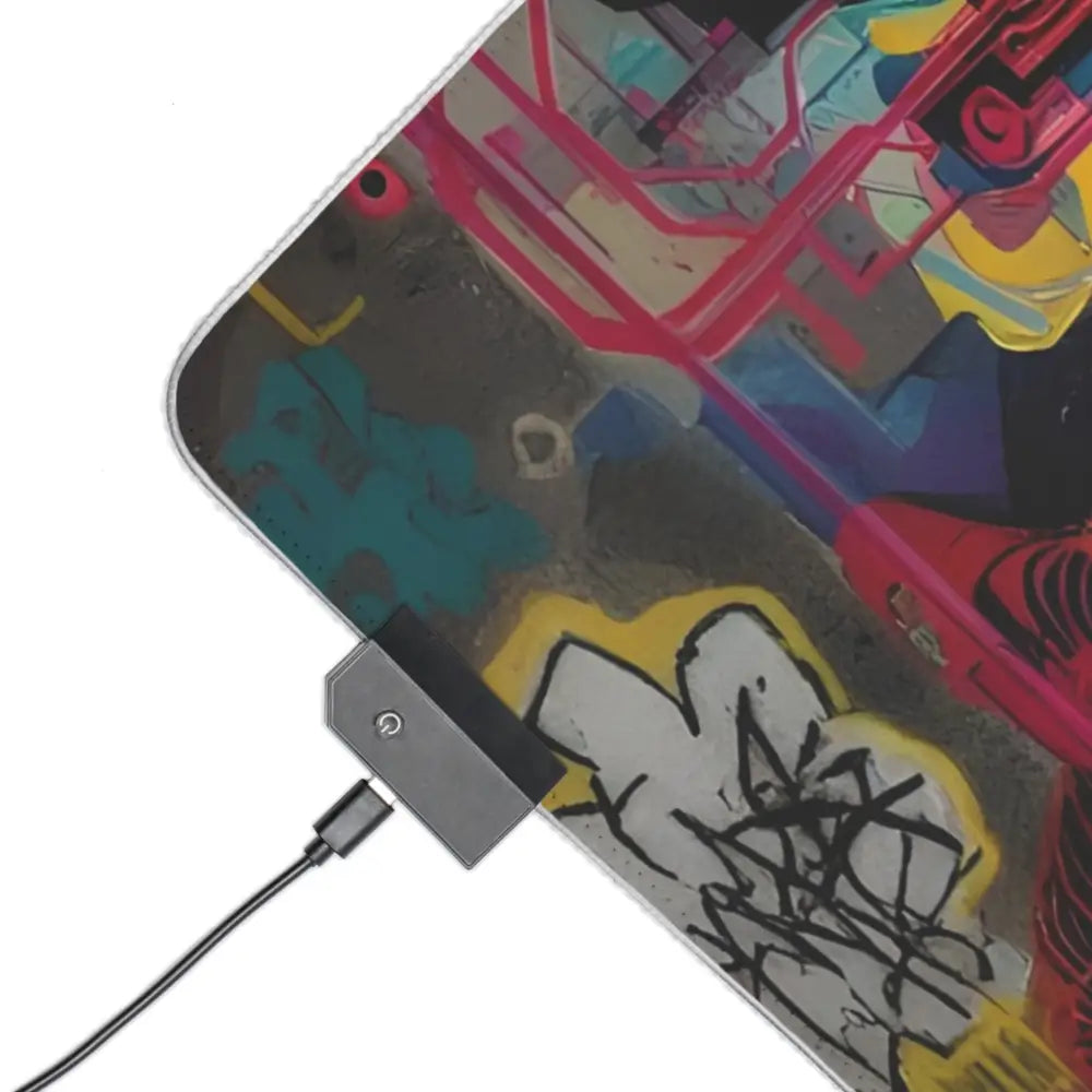 Graffiti-covered skateboard with charging port on LED Gaming Mouse Pad Mech Shrine Geisha