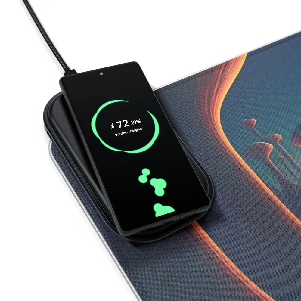 Wireless charging smartphone on LED Gaming Mouse Pad Mushroom Valley Mindwalk PixiOnyx