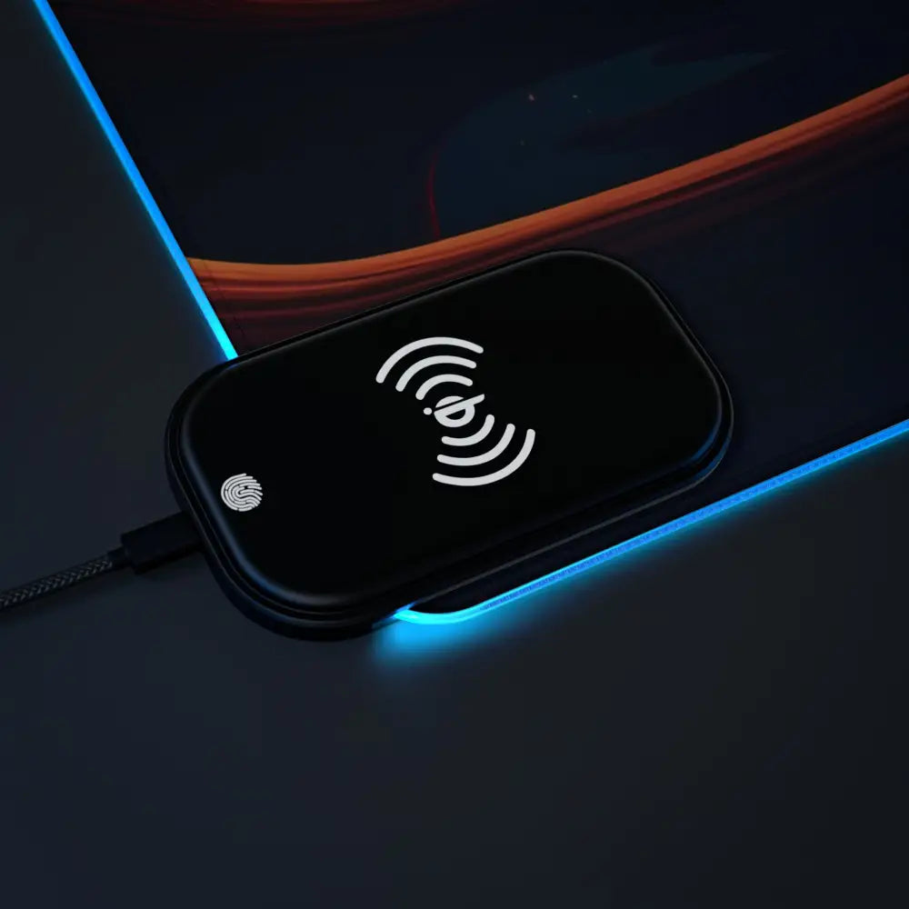 Black wireless charging pad on LED Gaming Mouse Pad Mushroom Valley Mindwalk PixiOnyx RGB Mat