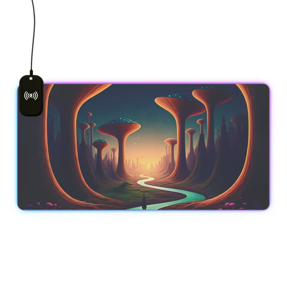 Illuminated LED Gaming Mouse Pad featuring a fantasy landscape design with wireless charging