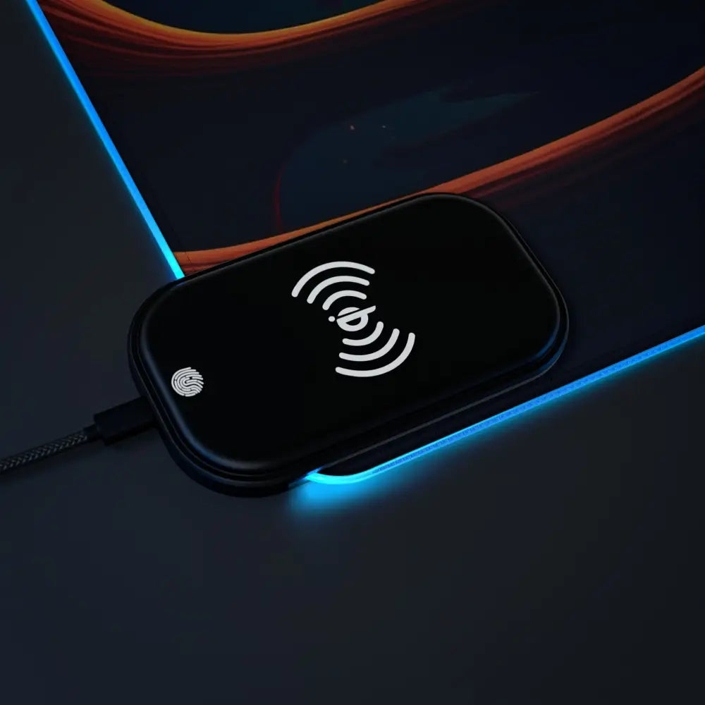 Black wireless charging pad on LED Gaming Mouse Pad Mushroom Valley Mindwalk PixiOnyx