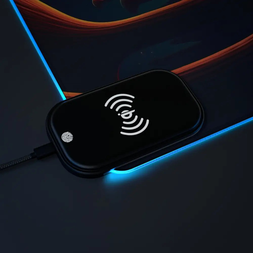 Black wireless charging pad with blue edge lighting on LED Gaming Mouse Pad Mushroom Valley Mindwalk PixiOnyx RGB Mat