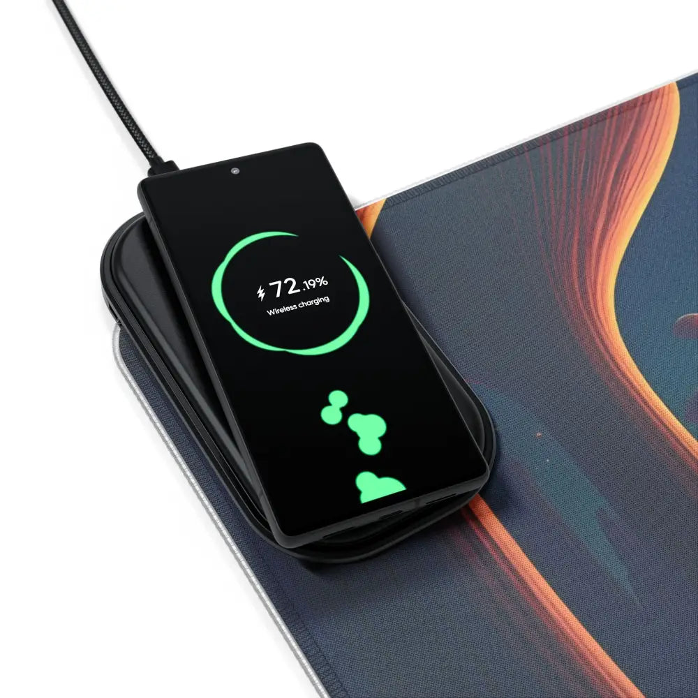 Wireless charging Black smartphone on LED Gaming Mouse Pad Mushroom Valley Mindwalk PixiOnyx