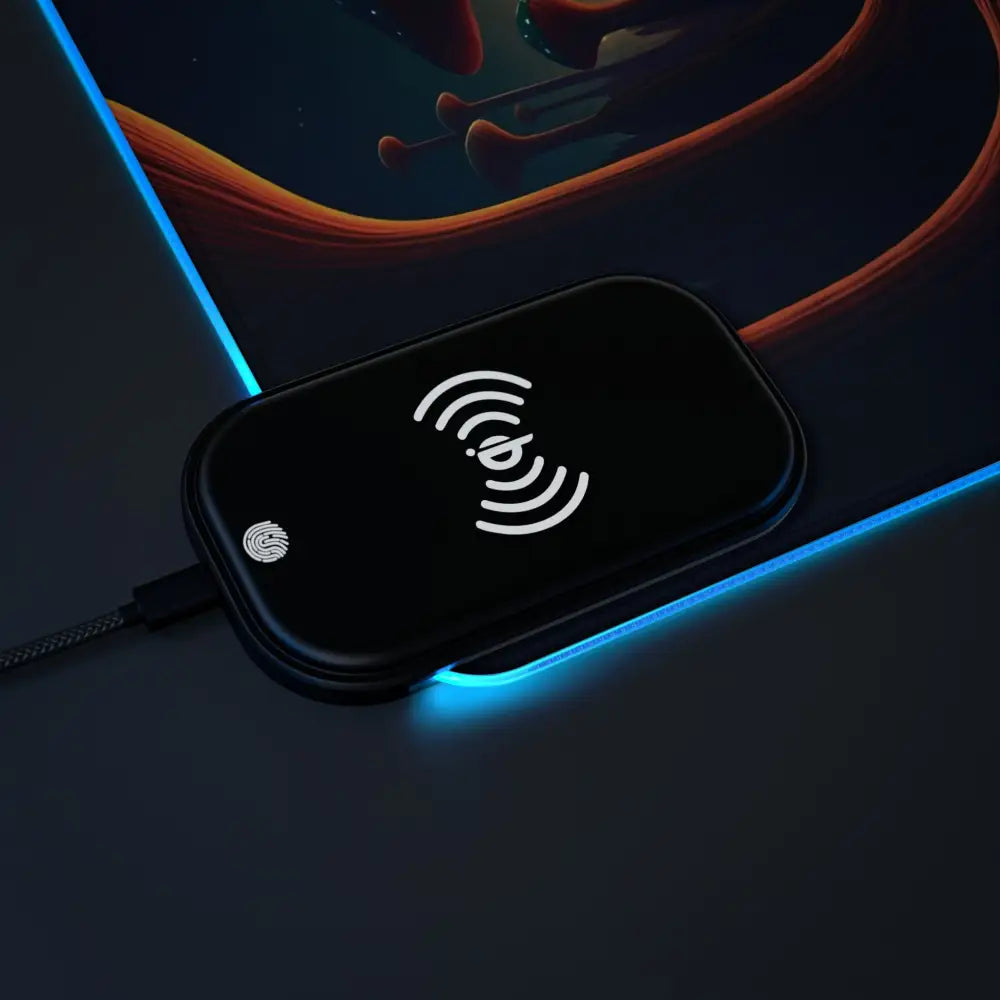Black wireless charging pad on LED Gaming Mouse Pad Mushroom Valley Mindwalk PixiOnyx