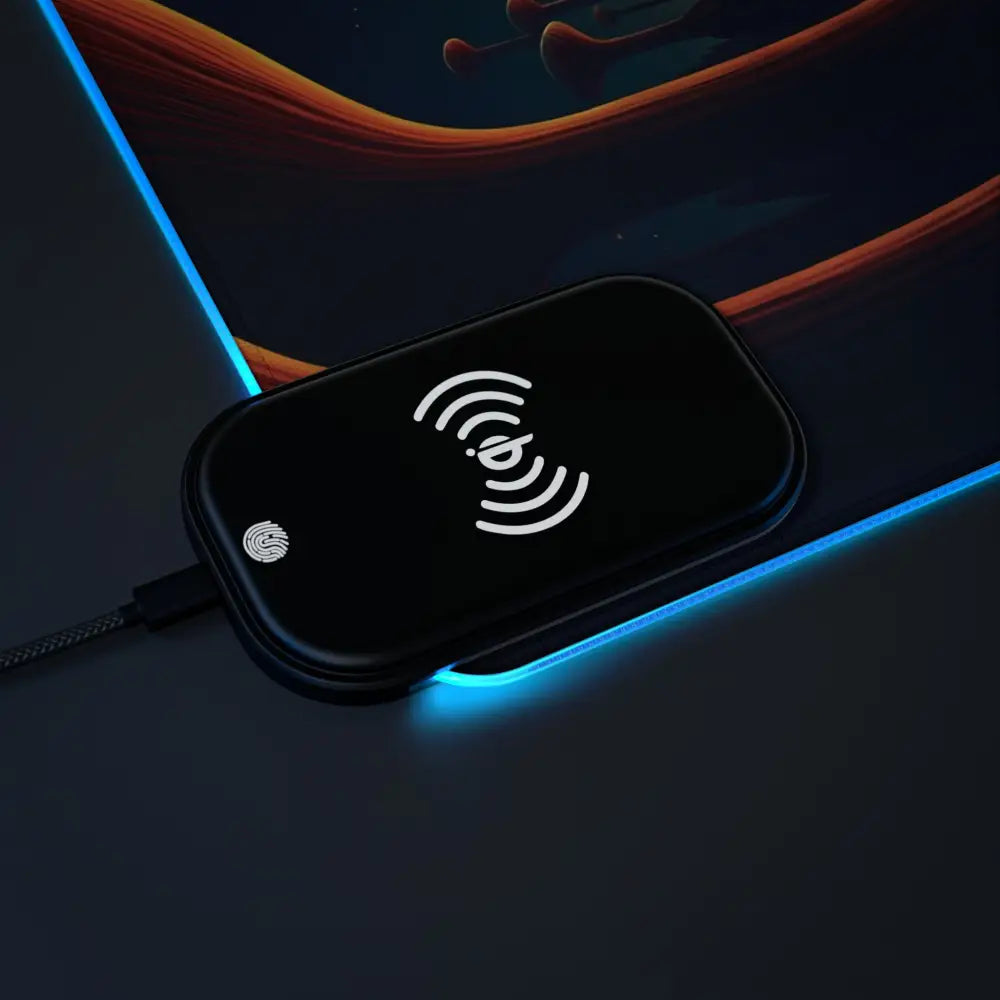 Black wireless charging pad on LED Gaming Mouse Pad Mushroom Valley Mindwalk PixiOnyx