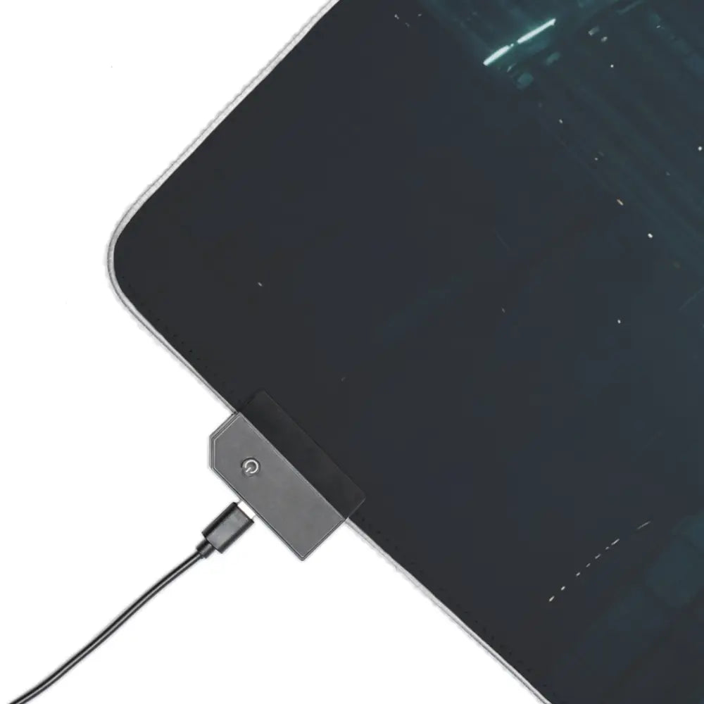 Black gaming mouse pad with power button and USB-C cable, Neon RGB Cyberpunk style