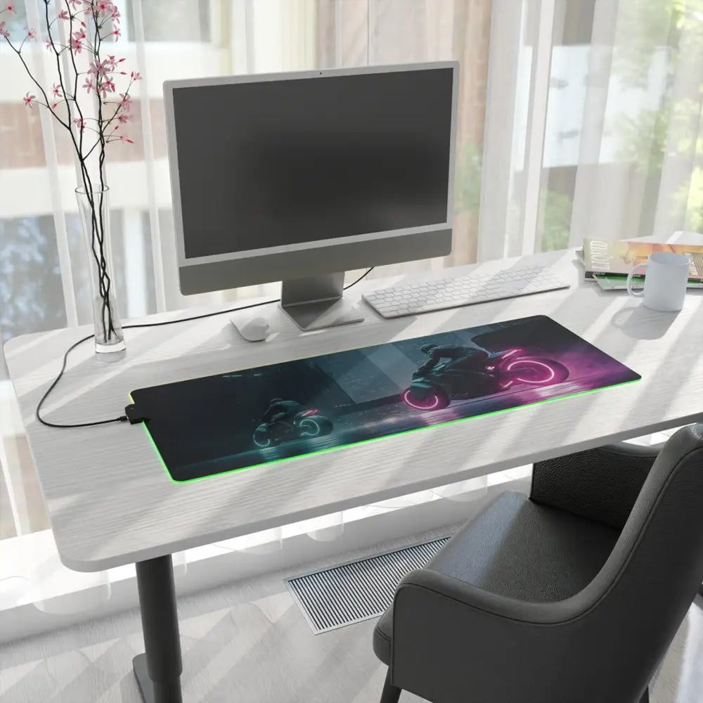 Illuminated LED Gaming Mouse Pad with Neon RGB Cyberpunk Motorbike Glow lighting
