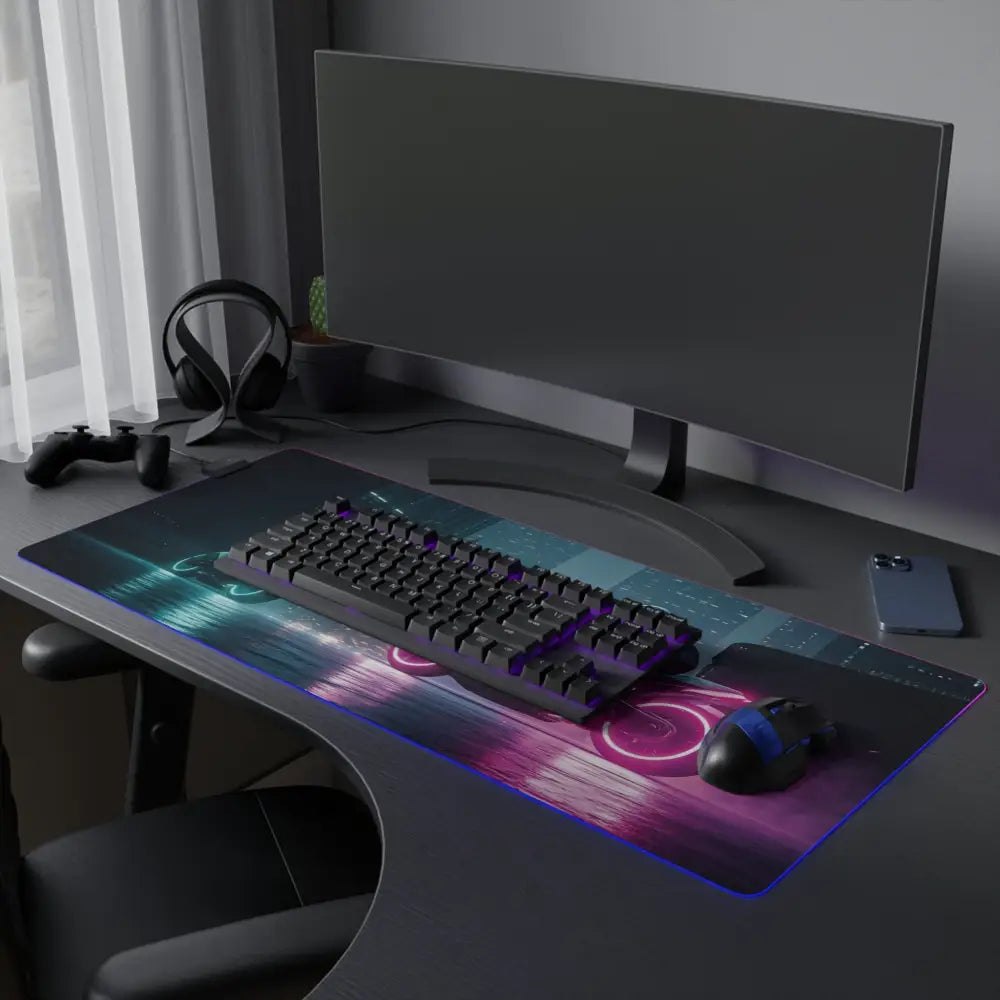LED Gaming Mouse Pad with Neon RGB Cyberpunk Motorbike Design for Gaming Computer Setup