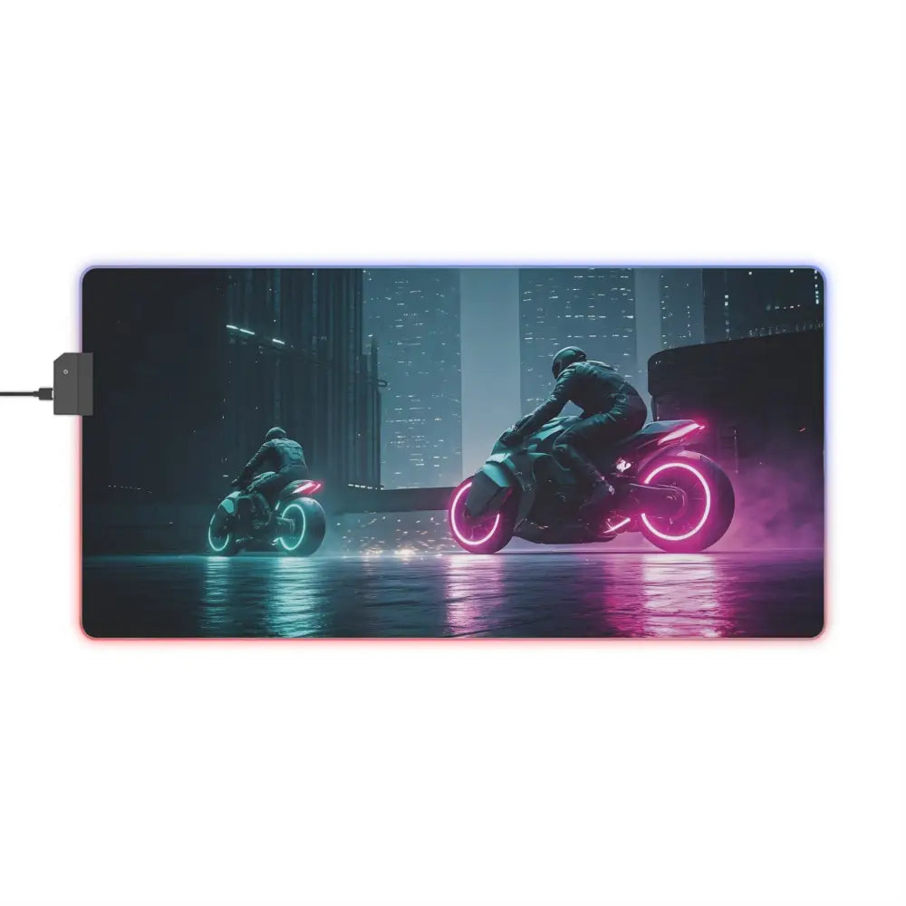 Illuminated cyberpunk motorcycle design LED gaming mouse pad with Neon RGB glow