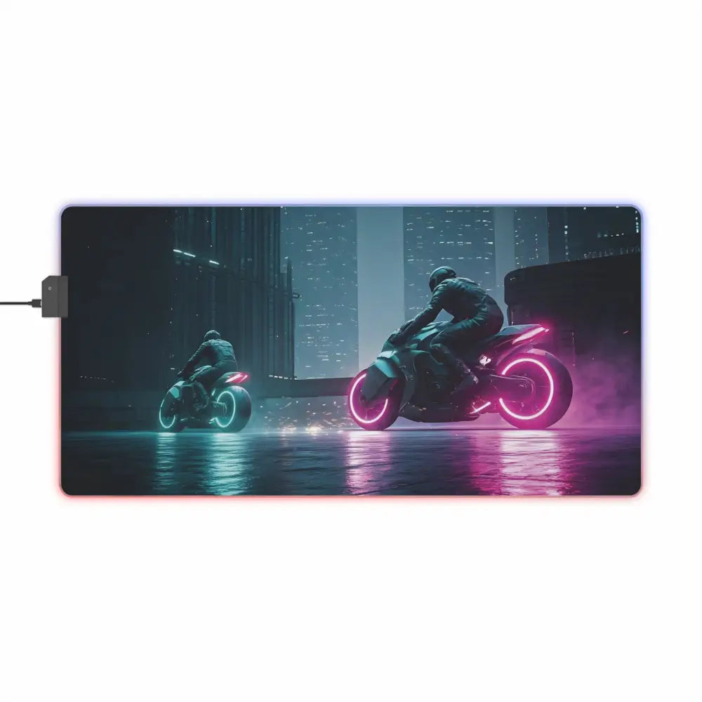 RGB gaming mousepad with neon LED lighting and cyberpunk motorbike design