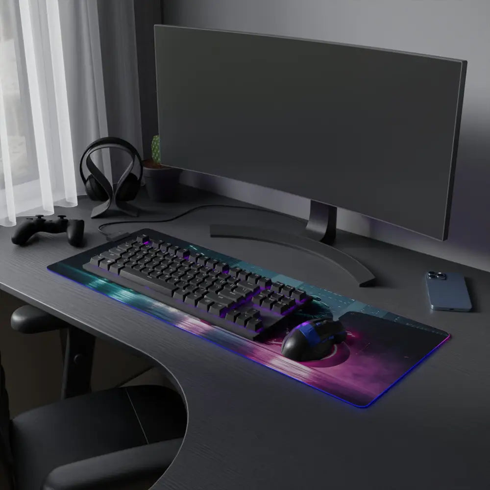 LED Gaming Mouse Pad Neon RGB Cyberpunk Motorbike Glow for gaming setup with keyboard and monitor