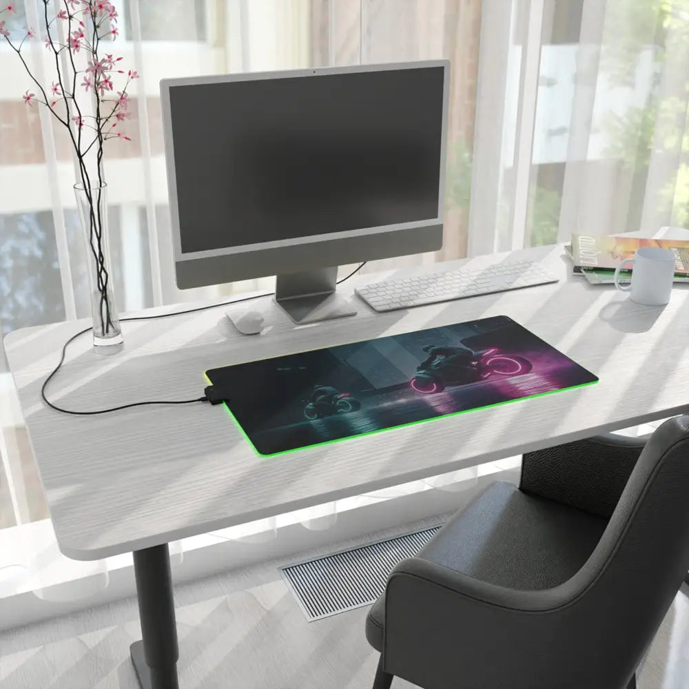 Illuminated LED Gaming Mouse Pad with Neon RGB Cyberpunk Motorbike Glow Design