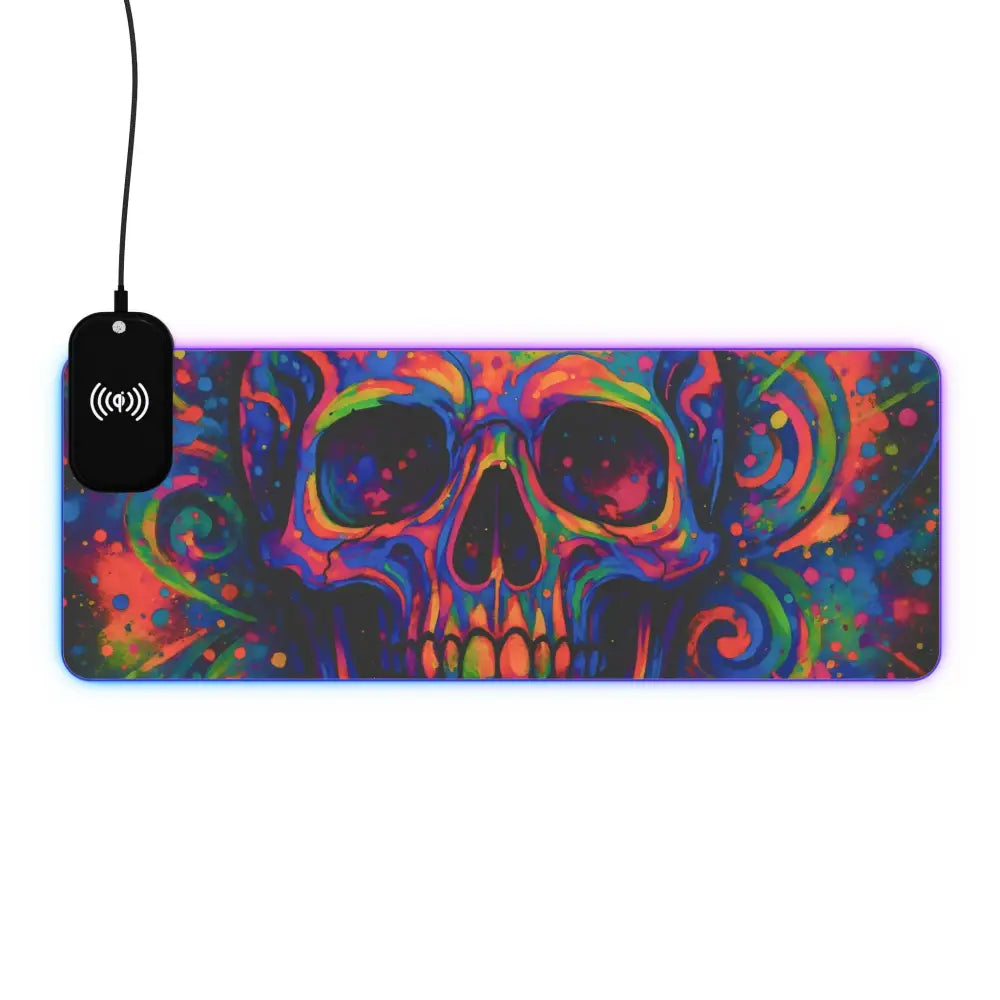 Colorful skull mousepad with wireless charging and RGB lighting for gaming setup