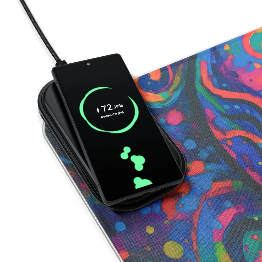 Wireless charging smartphone placed on LED Gaming Mouse Pad Psychedelic Skull Glow