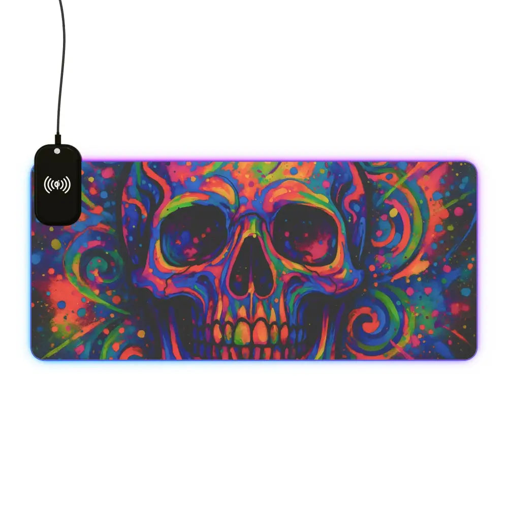 Colorful psychedelic skull logo LED gaming mouse pad with wireless charging and RGB lighting