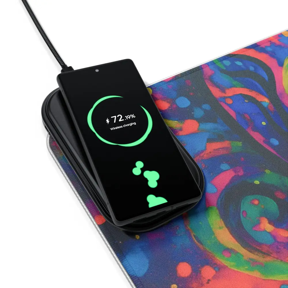 Charging smartphone on LED Gaming Mouse Pad Psychedelic Skull Glow PixiOnyx wireless charger