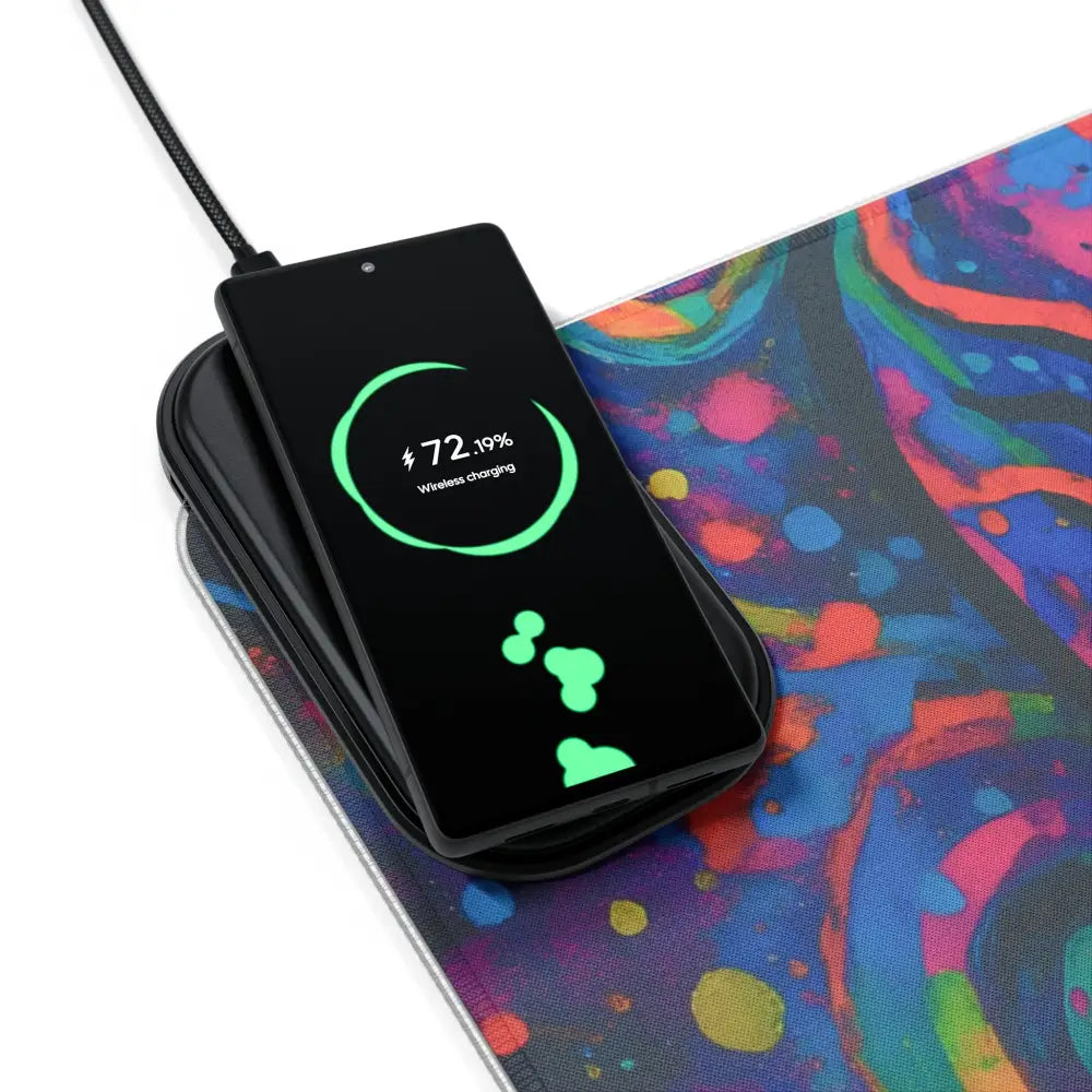 Wireless charging smartphone on LED Gaming Mouse Pad Psychedelic Skull Glow PixiOnyx