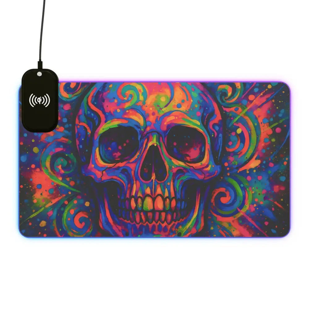 Colorful skull mousepad with wireless charging and RGB lighting for gaming and desk setup