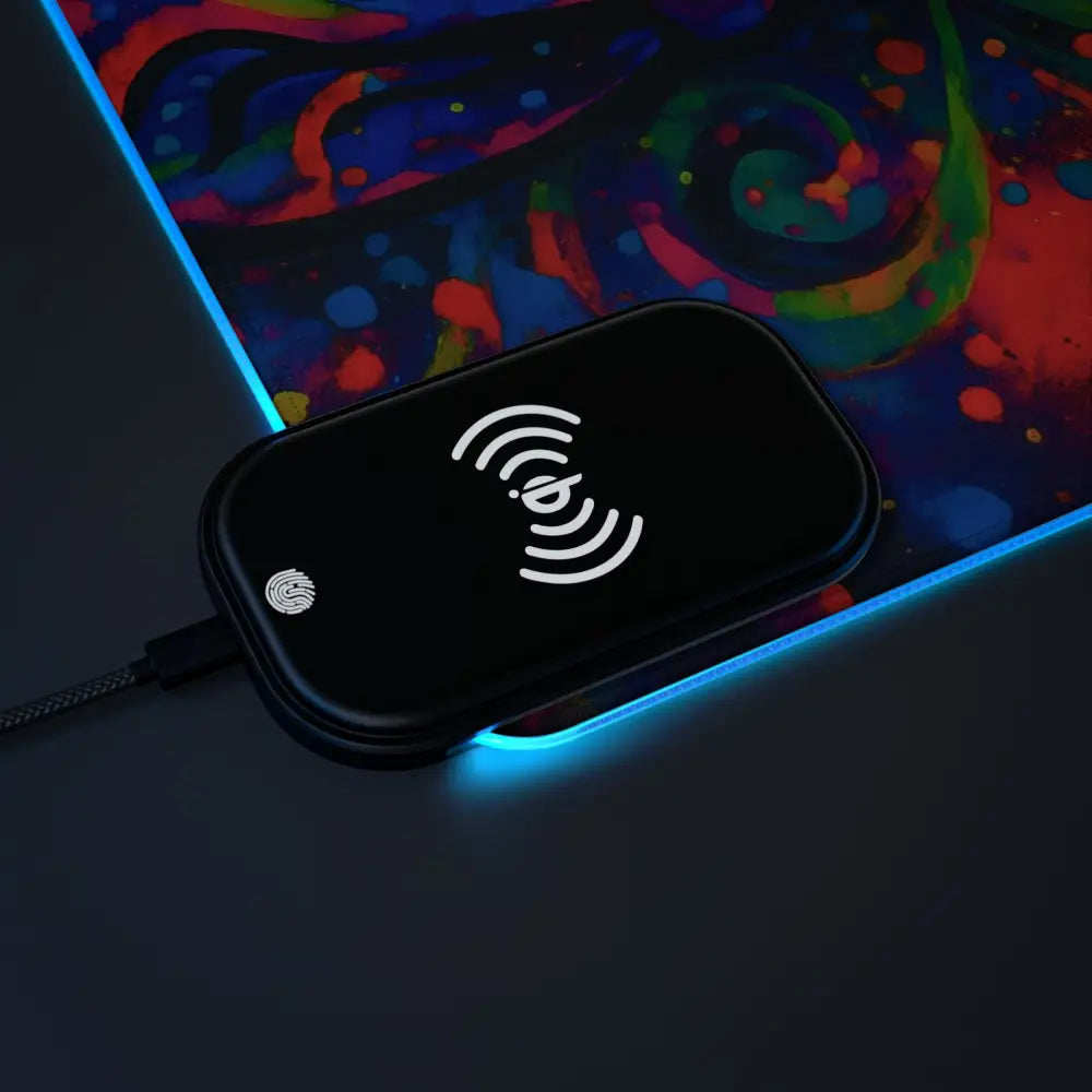 Black wireless charging pad on LED Gaming Mouse Pad Psychedelic Skull Glow by PixiOnyx