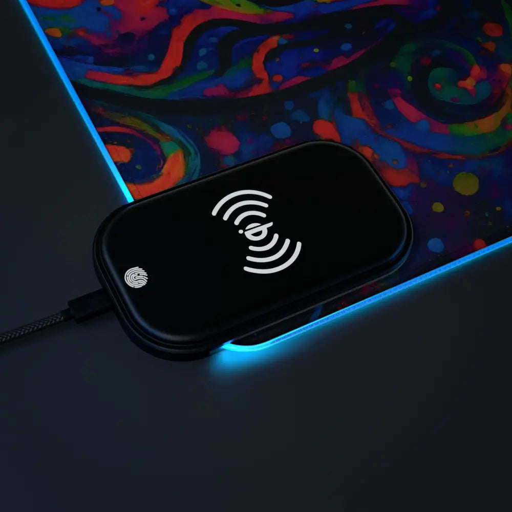 Black wireless charging pad on LED Gaming Mouse Pad with Psychedelic Skull Glow design