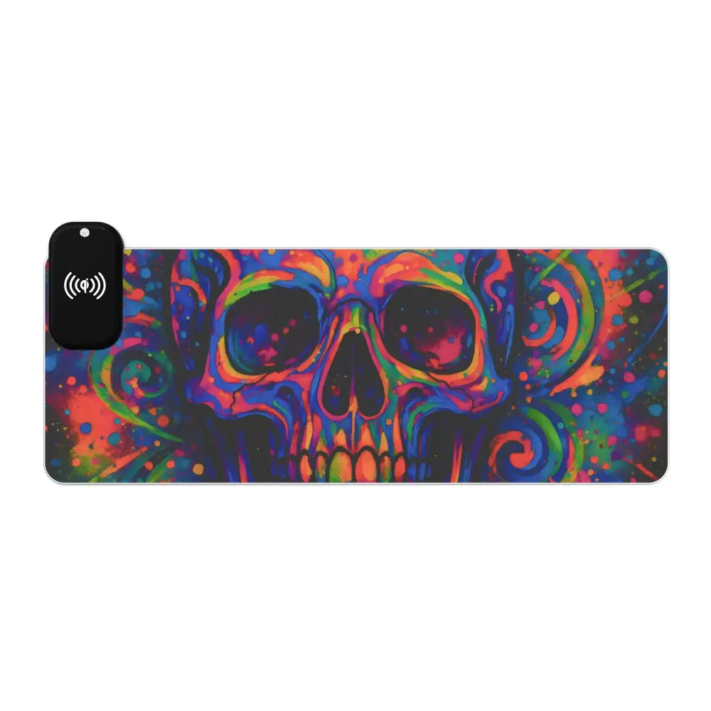 Colorful psychedelic skull LED gaming mouse pad with wireless charging and RGB lighting