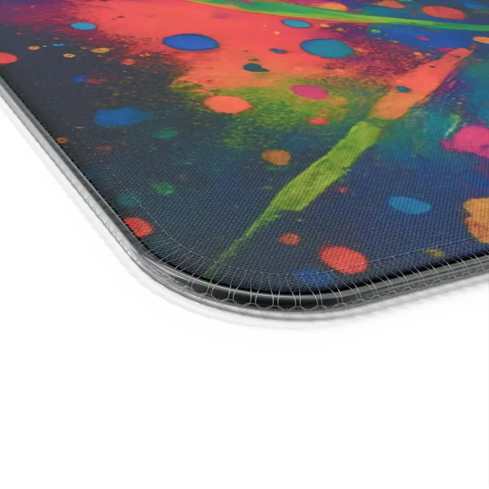 Colorful splatter-patterned LED gaming mouse pad with psychedelic skull glow design