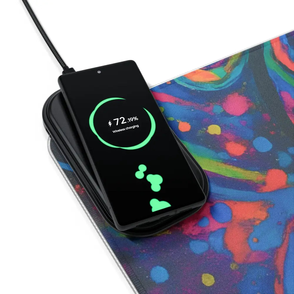 Black smartphone wirelessly charging on LED Gaming Mouse Pad Psychedelic Skull Glow
