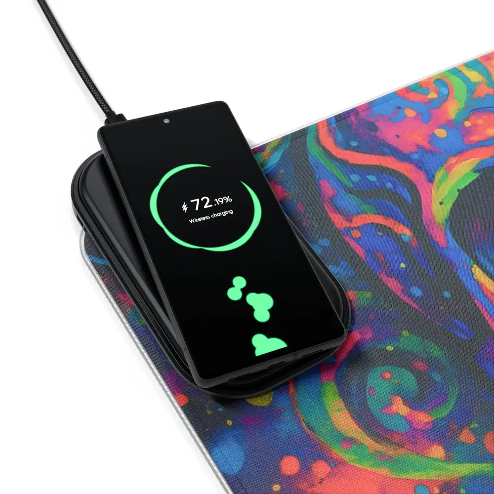 Wireless charging phone on LED Gaming Mouse Pad Psychedelic Skull Glow by PixiOnyx