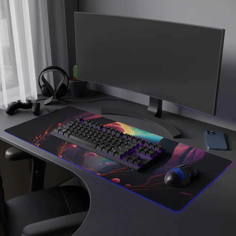 LED Gaming Mouse Pad Shroom Bloom PixiOnyx RGB Desk Mat with keyboard and mouse setup